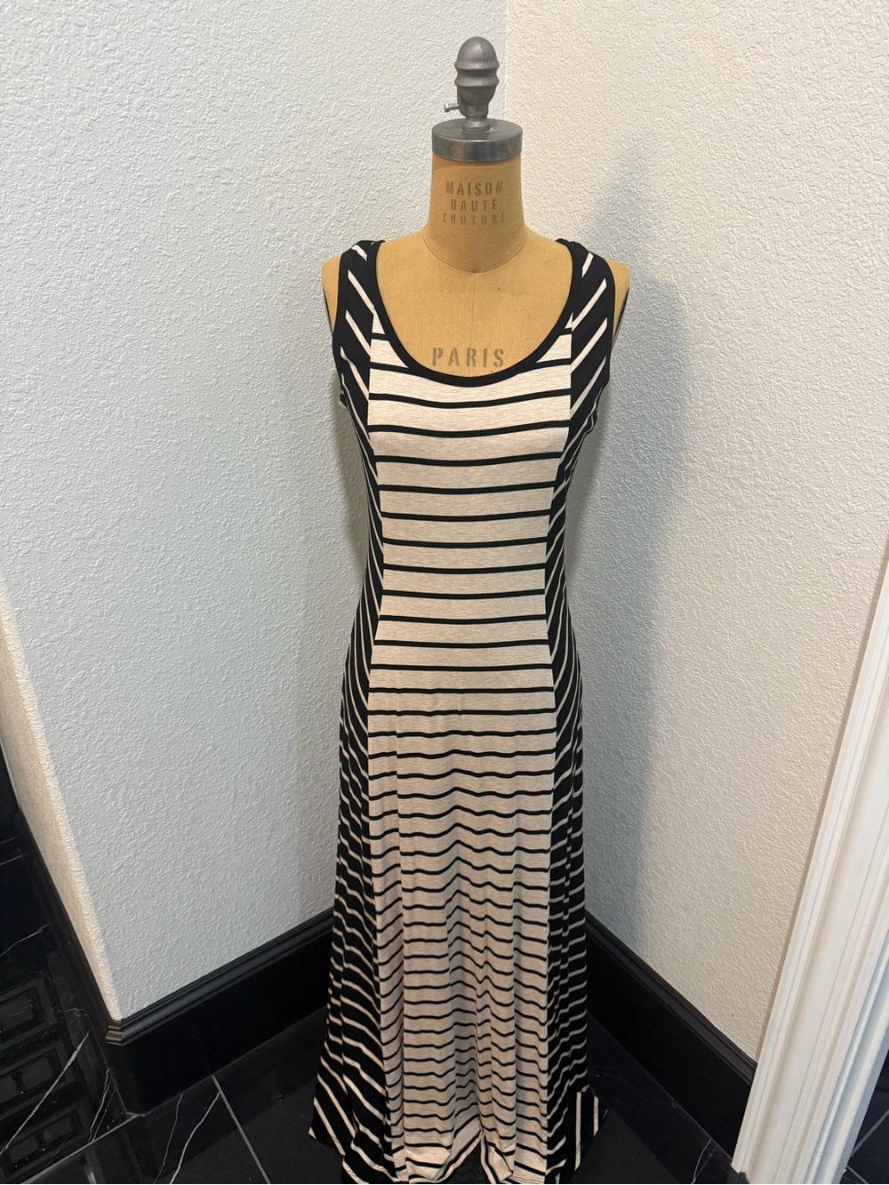Calvin Klein Black and Cream Striped Scoop Neck Maxi Dress